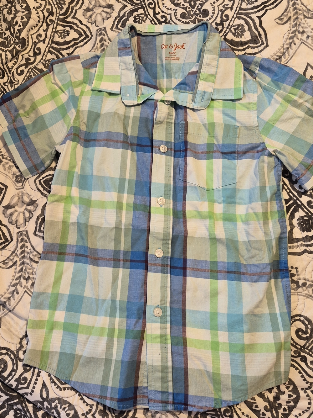 Cat & Jack Blue, Green & White Plaid Short-Sleeve Button-Down